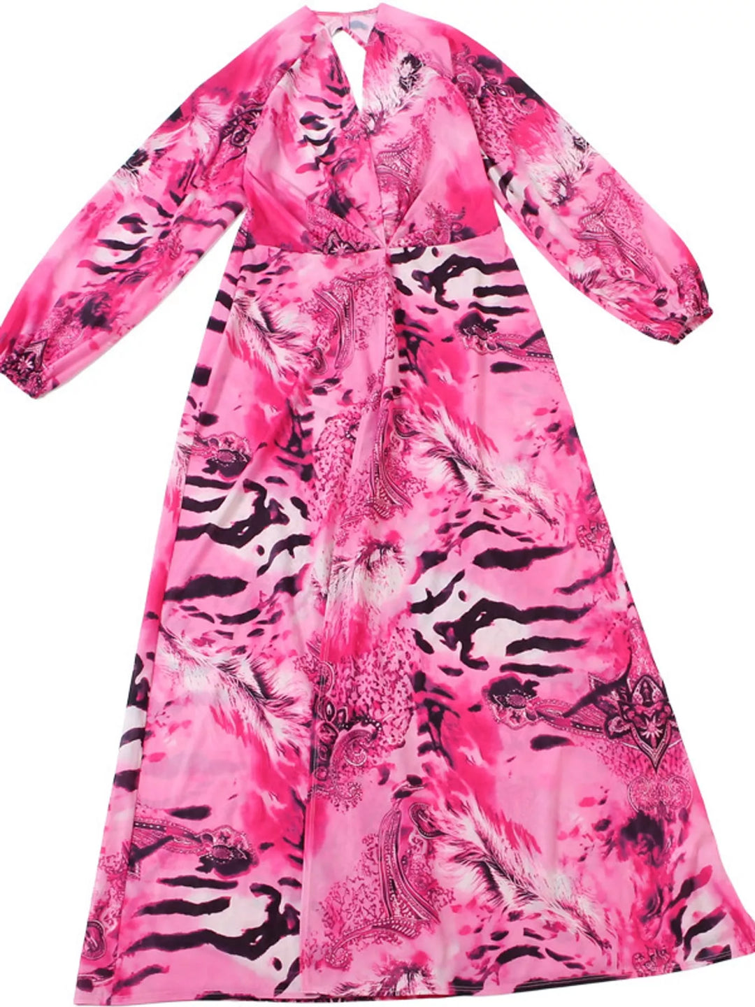 Pink maxi dress shown flat with leg slit