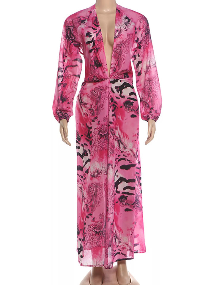Pink maxi dress shown flat with deep V-neck