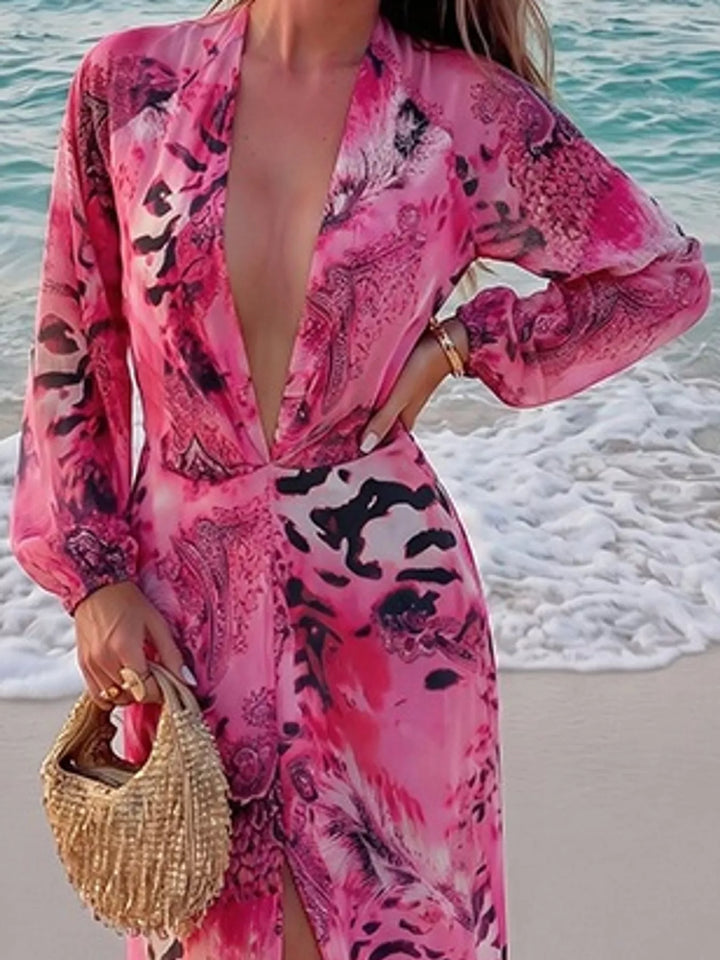 Pink maxi dress worn on a model, showing the open back