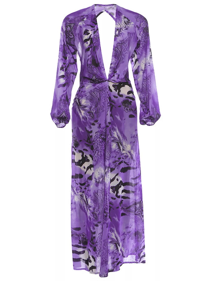 Purple maxi dress back view showing the long sleeves