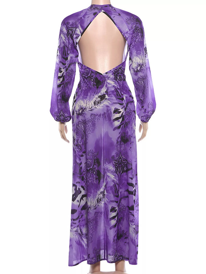 Purple maxi dress back view showing the leg slit