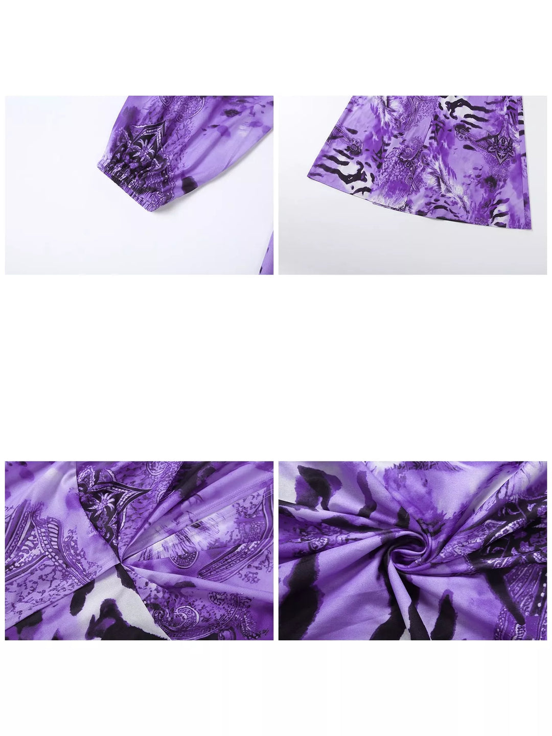 Close-up of the deep V-neck on the purple maxi dress