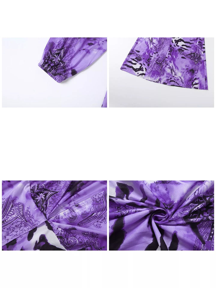 Close-up of the deep V-neck on the purple maxi dress