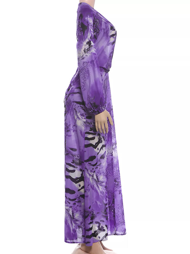 Purple maxi dress shown flat with open back