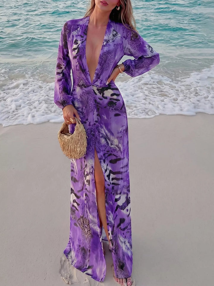 Purple maxi dress front view with leg slit