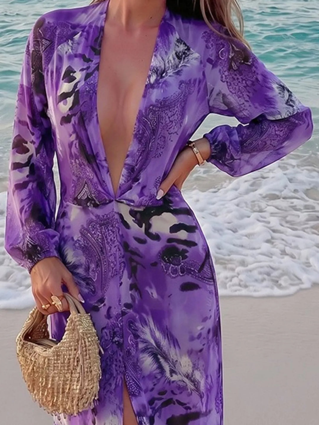Purple maxi dress worn on a model, showing the open back