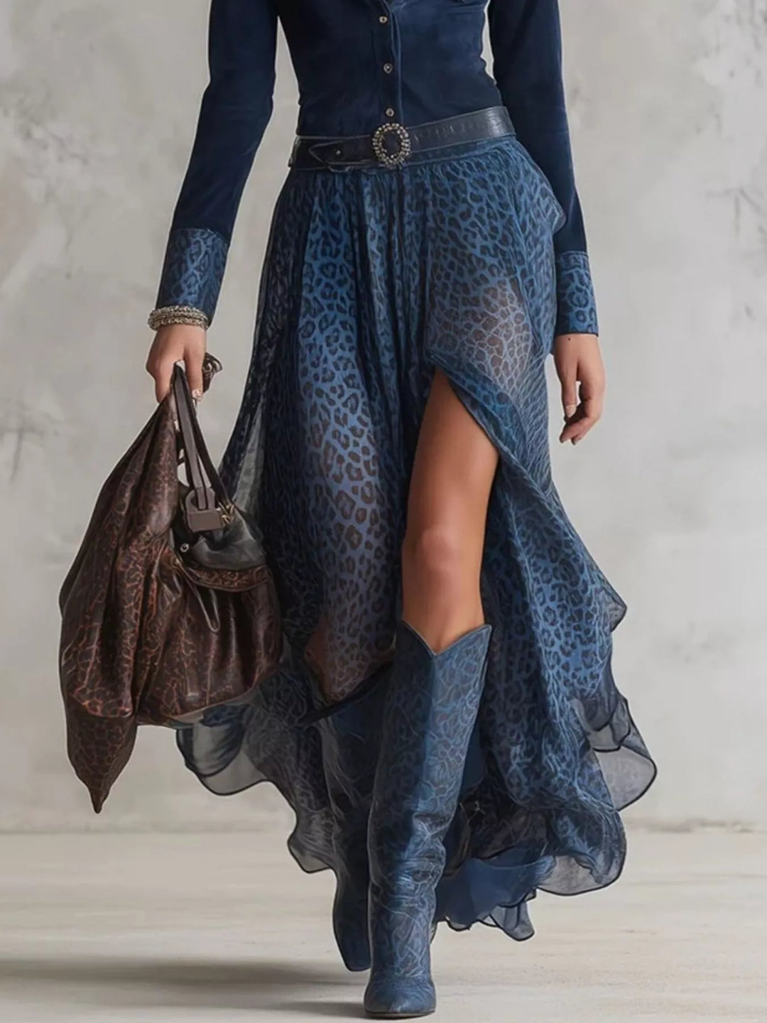 Navy shirt dress worn on a model, showing the front slit