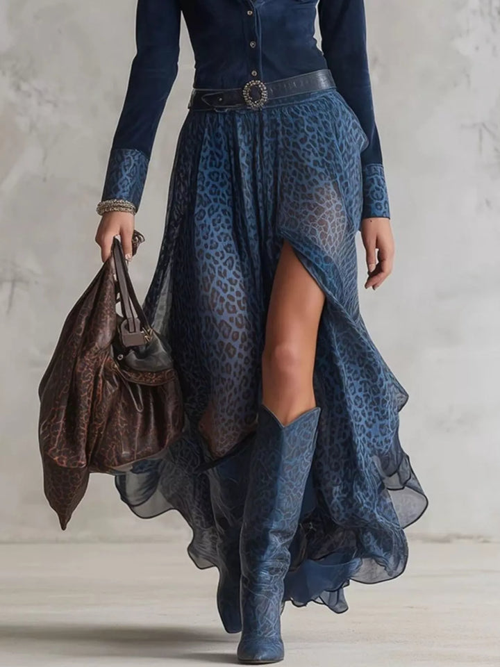 Navy shirt dress worn on a model, showing the front slit
