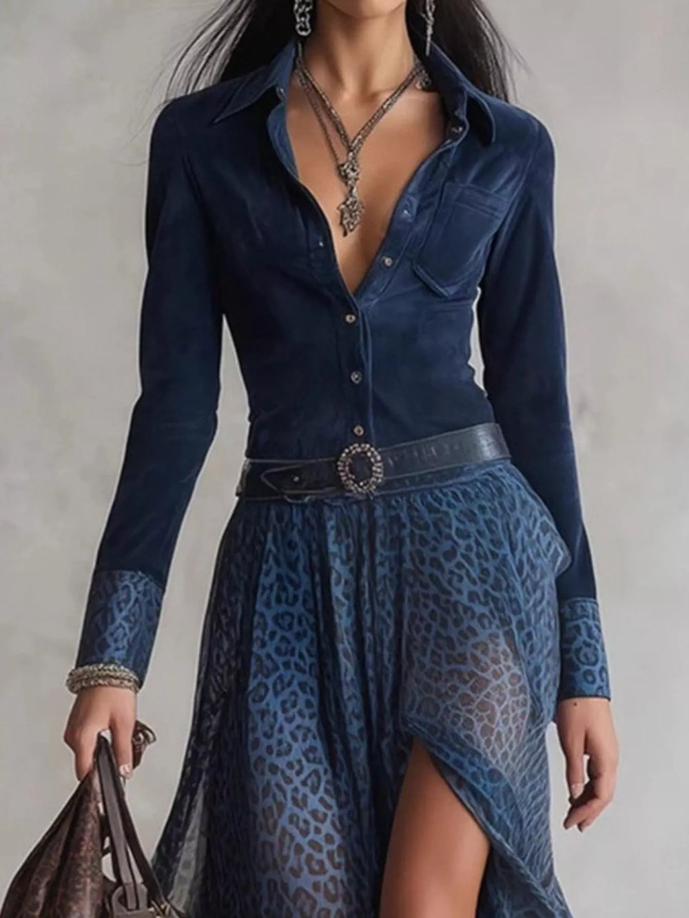 Navy shirt dress worn on a model, showing the self-tie belt