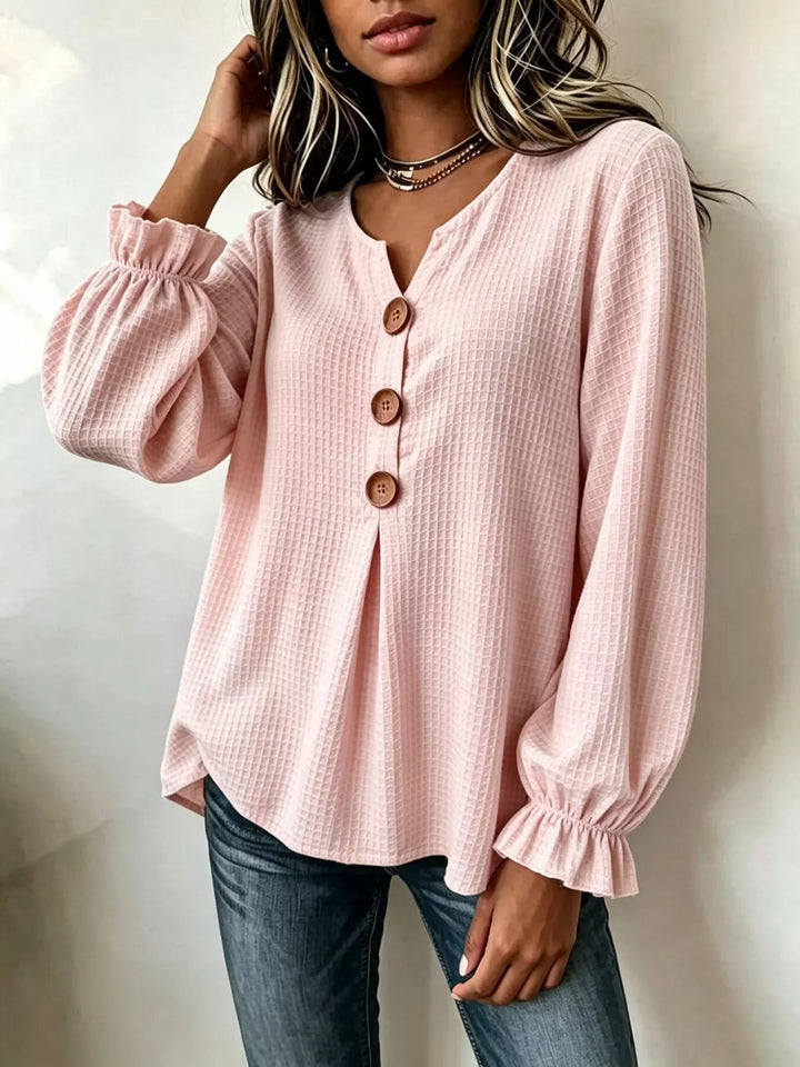 Women's long sleeve top in blush pink, waffle knit notched v-neck big buttons