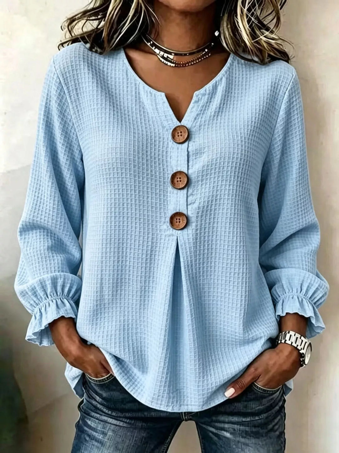 Waffle knit notched v-neck big buttons in pastel blue, front view