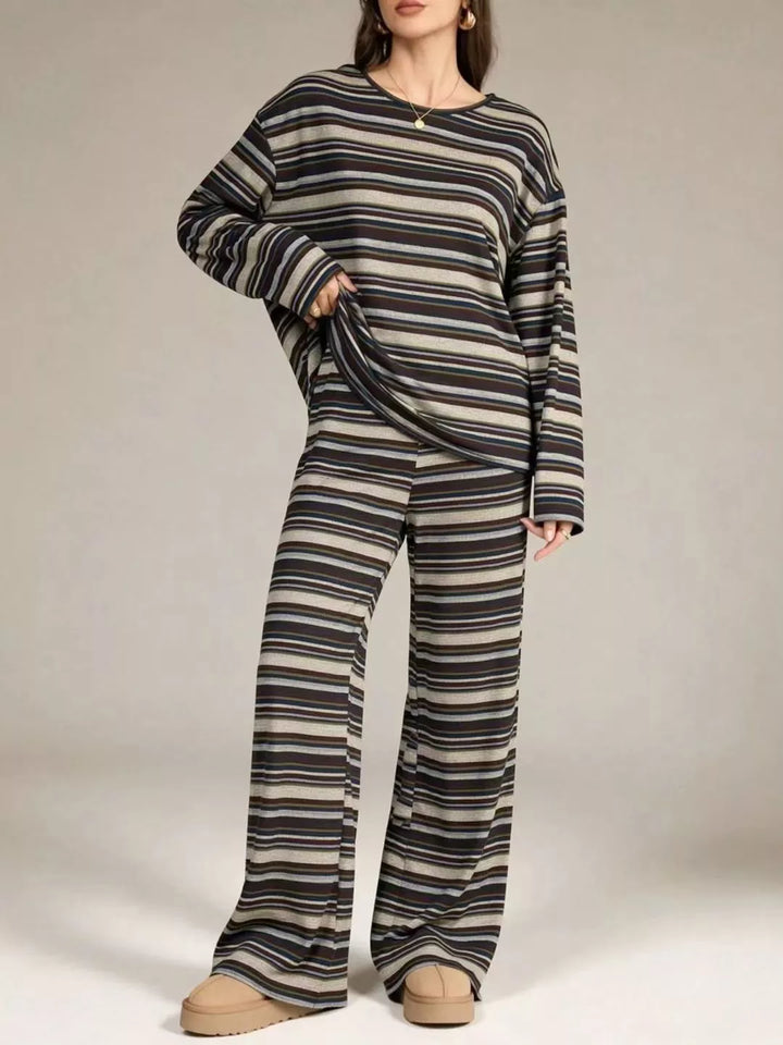 Charcoal stripe long sleeve top and pull on pants, front view with cozy slippers