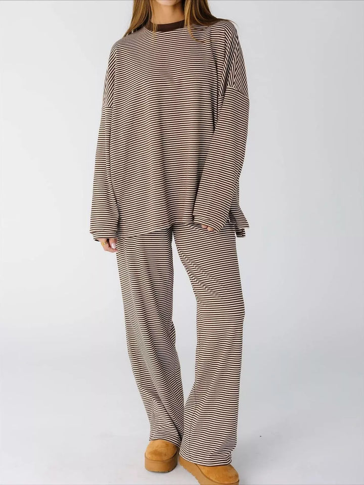 Mocha lounge set with oversized top and wide leg pants, front view