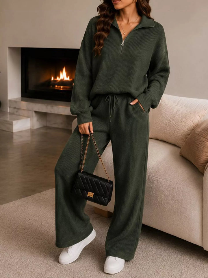 Forest green lounge set with ribbed quarter zip top and wide leg pants