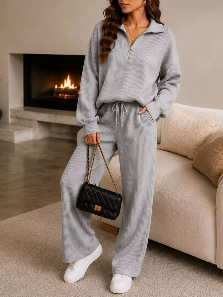 Light gray lounge set with quarter zip top and wide leg pants