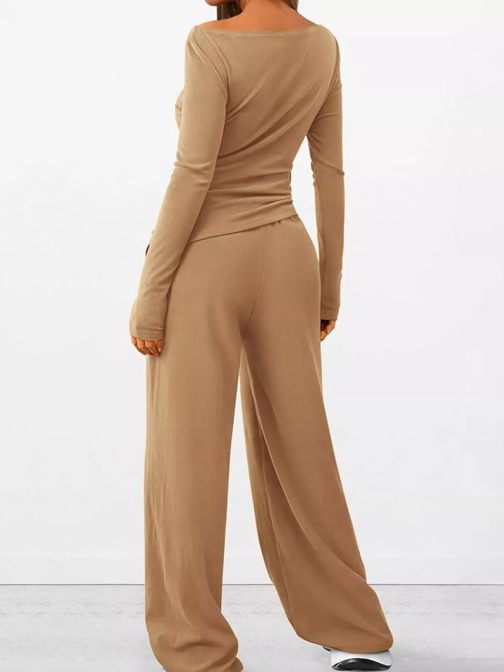 Camel lounge set turned to show the side and back of the ruched top