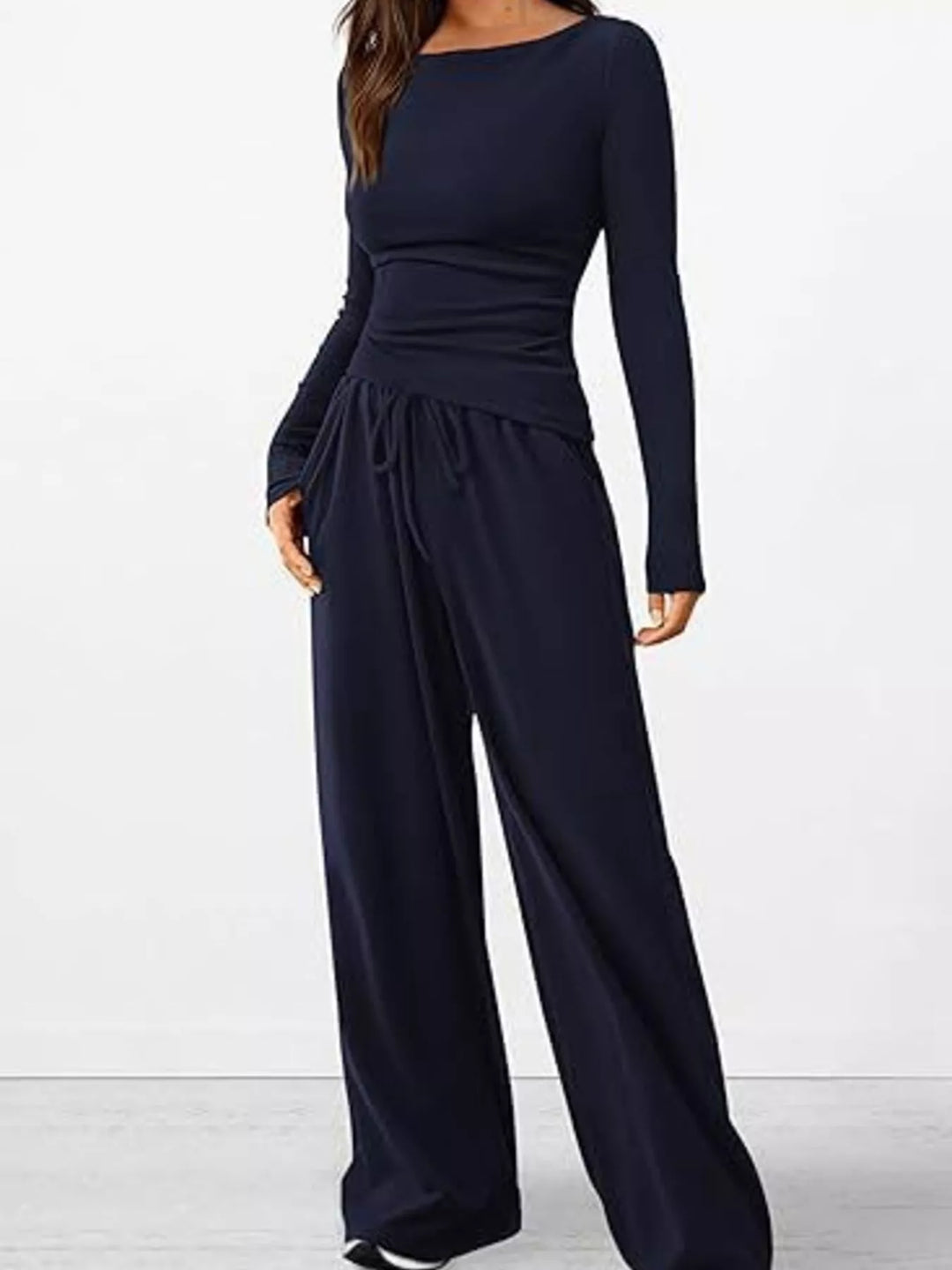 Navy ribbed knit ruched top and wide leg pants lounge set, standing front view