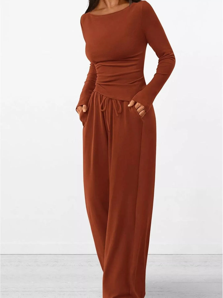 Full-length rust lounge set with a long sleeve ruched top and wide leg pants