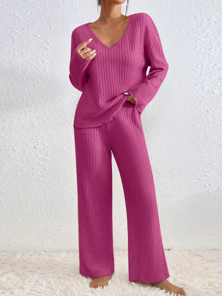 Fuchsia v neck ribbed top and wide leg pants, hand raised