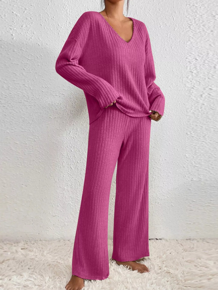 Women's lounge set in fuchsia, ribbed knit v neck top with wide leg pants