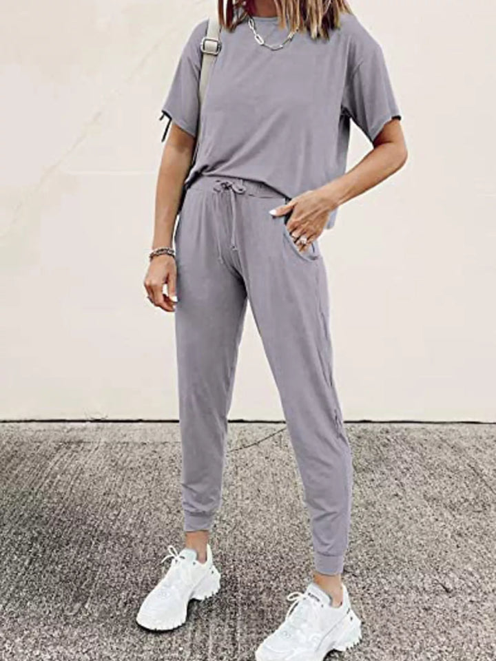 Lilac gray lounge set with short sleeve tee and drawstring jogger pants