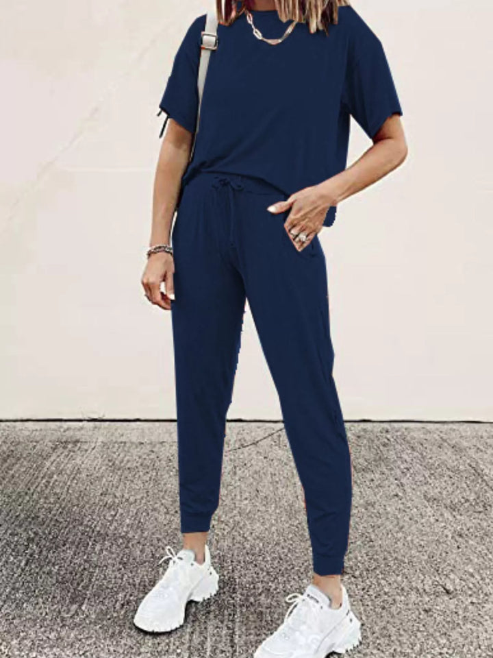 Navy lounge set, short sleeve tee and drawstring jogger pants, front view