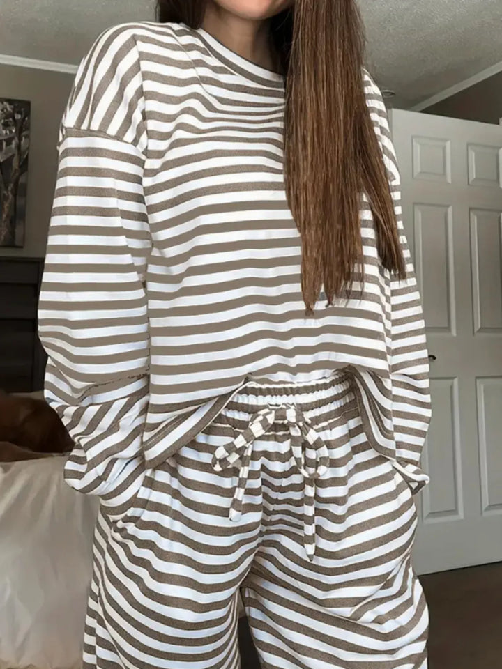 Taupe striped long sleeve top and drawstring pants lounge set, front view
