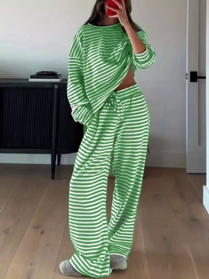 Green striped lounge set with oversized long sleeve top and wide leg pants