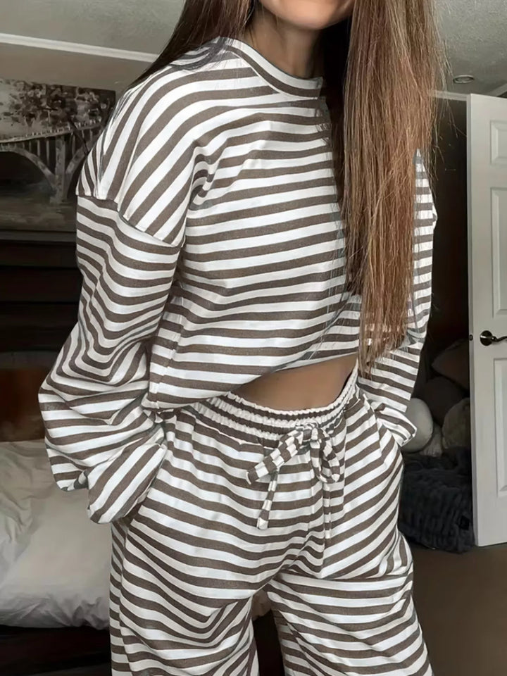 Taupe striped lounge set with oversized top and wide leg pants, front view