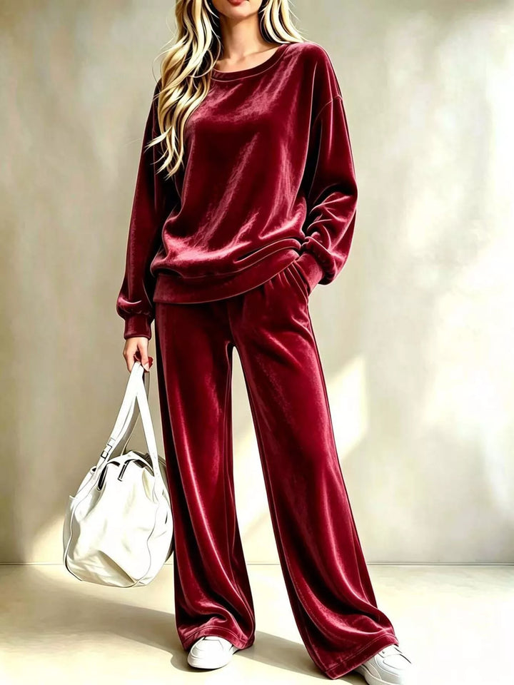 Burgundy velvet look pullover and wide leg pants lounge set with sneakers
