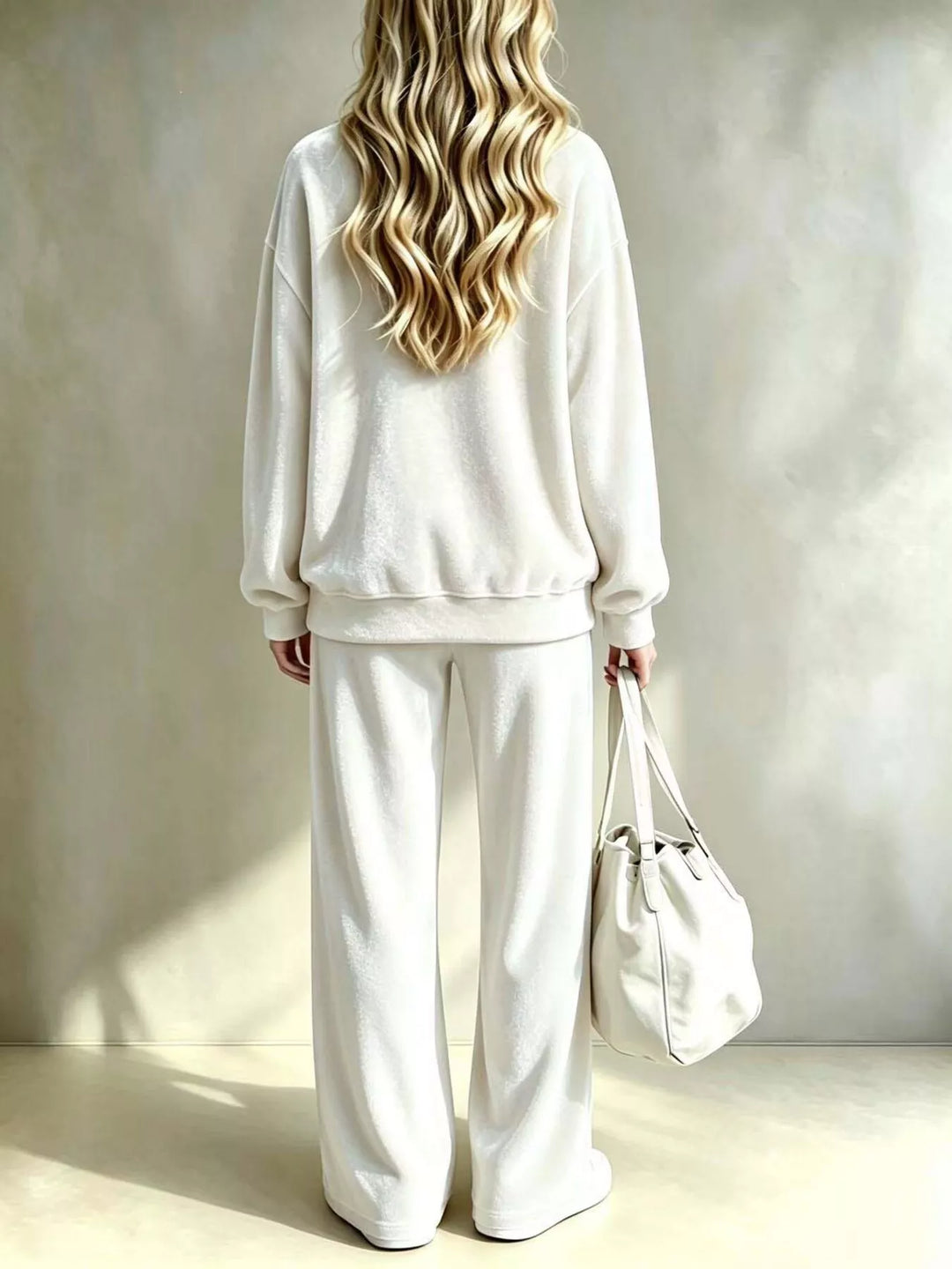 Ivory lounge set seen from behind with the wide leg pants and white tote bag