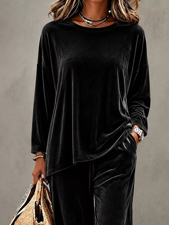 Black velvet top with long sleeves, front view of the lounge set