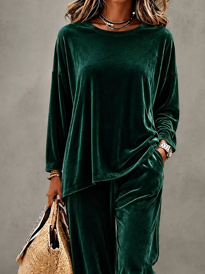 Dark green velvet top with drop shoulders, front view of the set