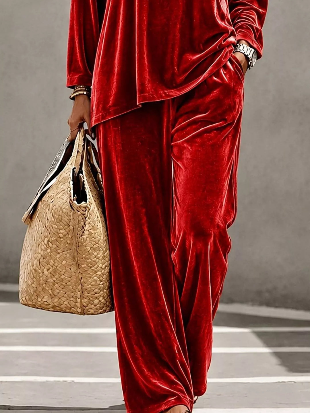 Red velvet wide leg pants and asymmetric hem top, cropped at the hips