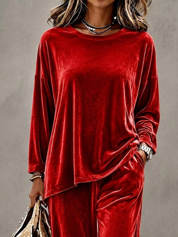 Red velvet top with relaxed fit, front view of the lounge set