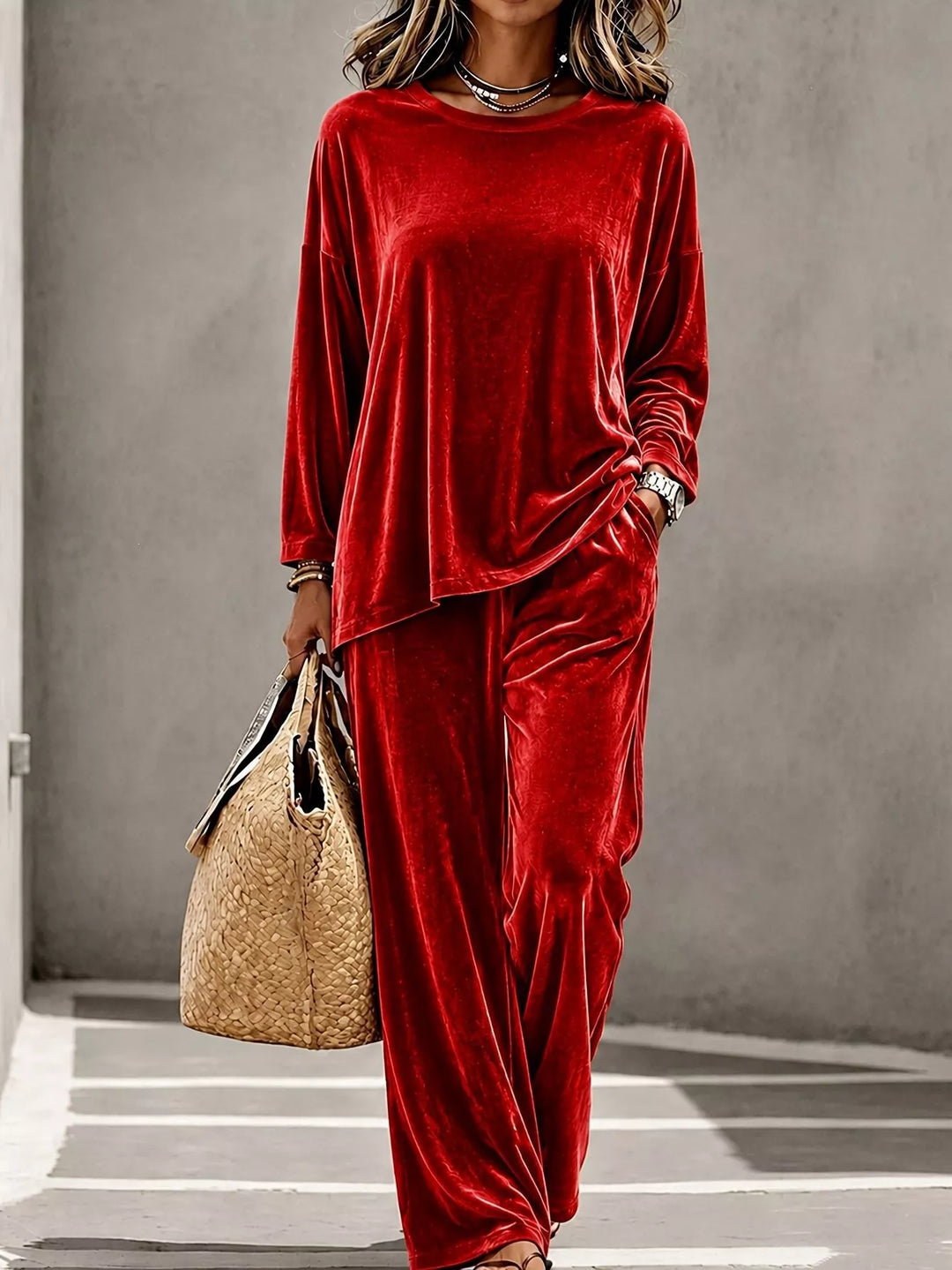 Women's red velvet lounge set with wide leg pants, front view holding a woven tote