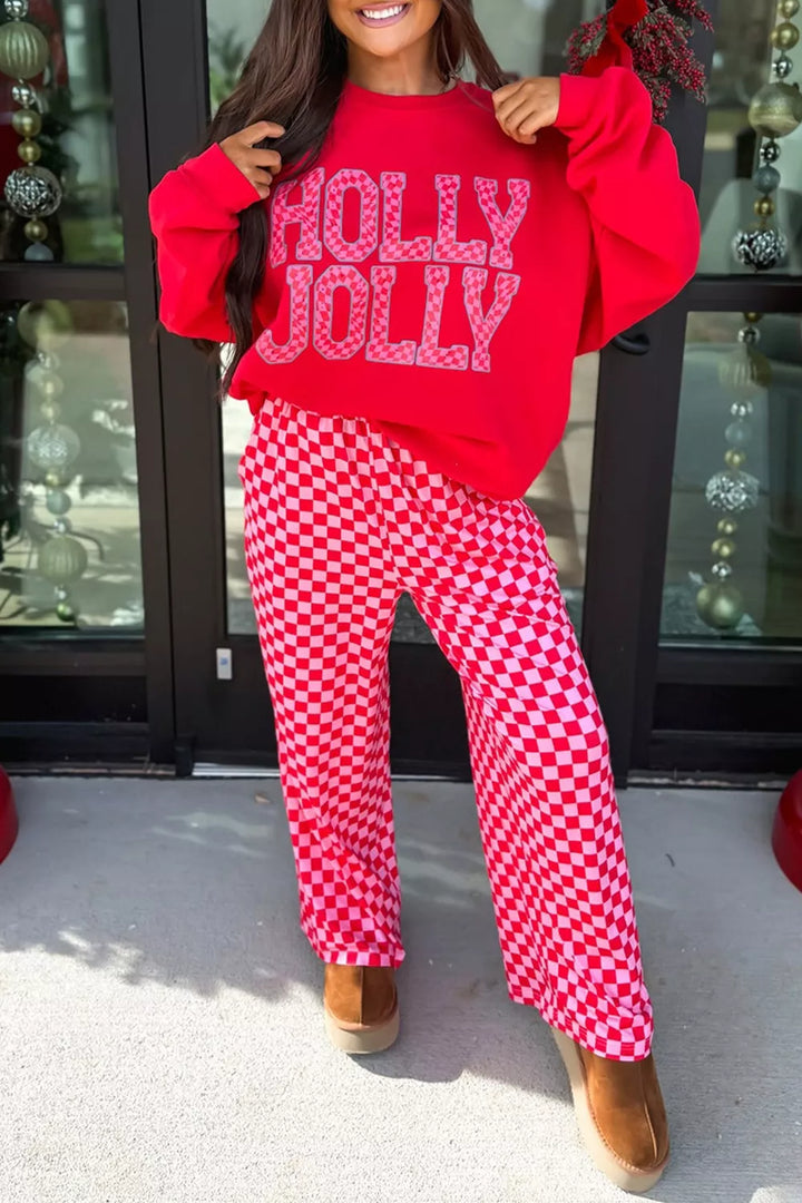 Women's loungewear set in red, Holly Jolly sweatshirt and checkered wide leg pants