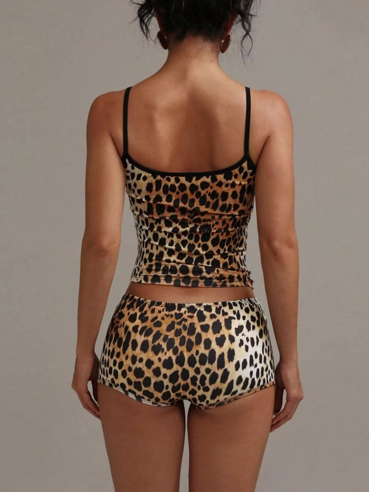 Back view of the leopard print cami with thin straps and matching shorts