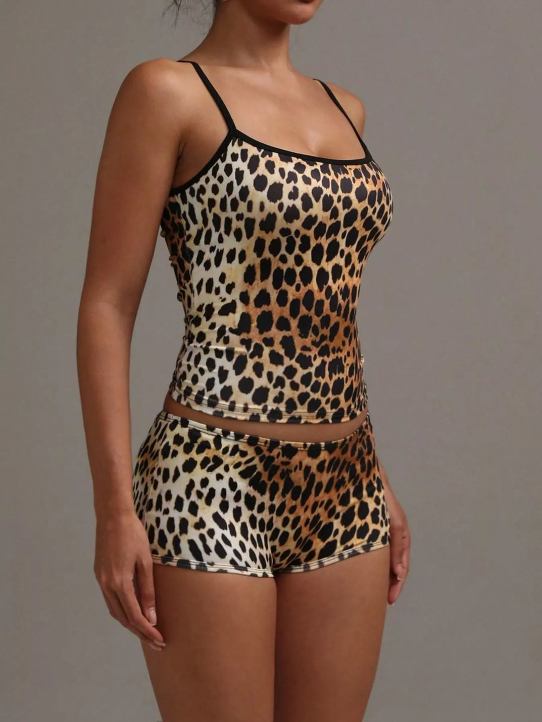 Leopard print satin-look cami and shorts set, angled side view