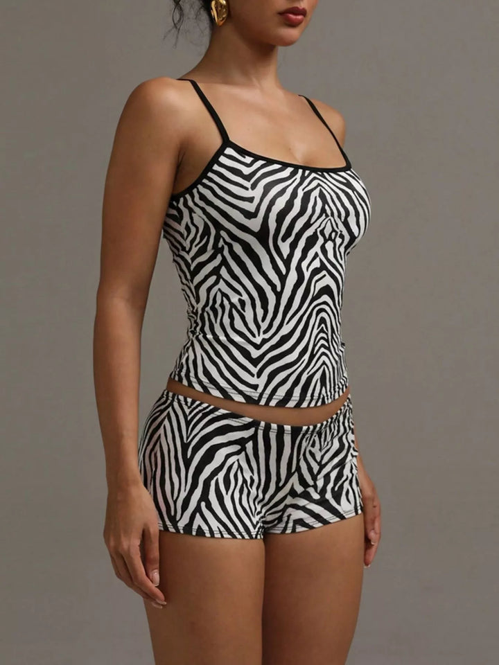 Zebra print cami and shorts set in angled side view