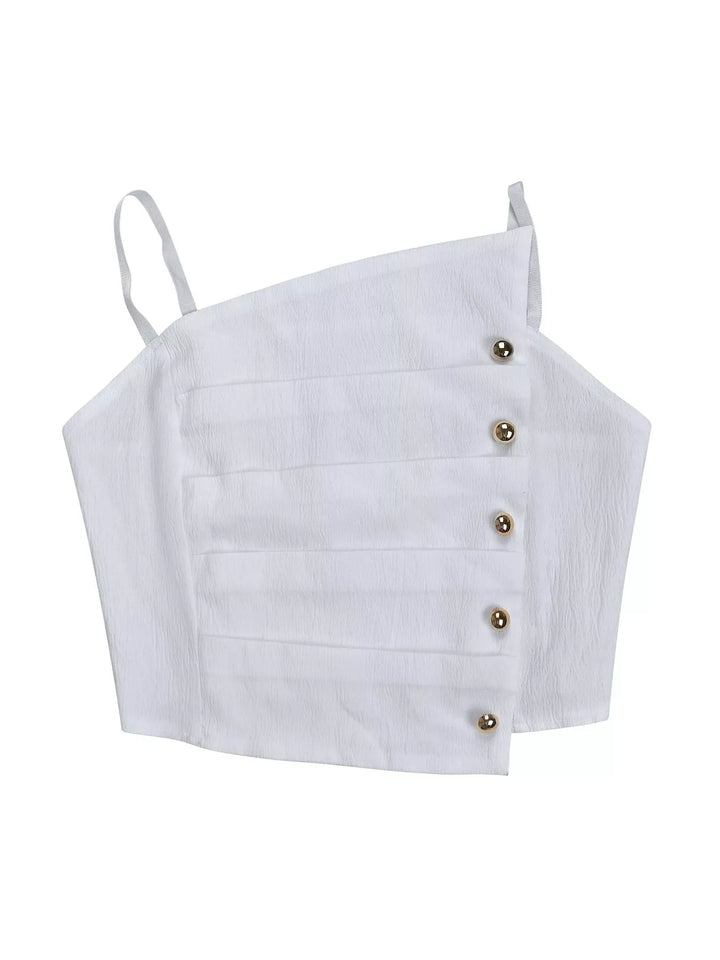 Flat view of the white asymmetric cami top with button detail and straps