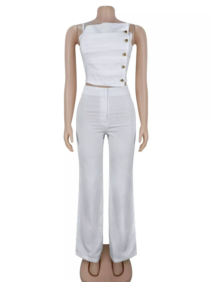 White matching set on a mannequin, button cami top and wide leg pants