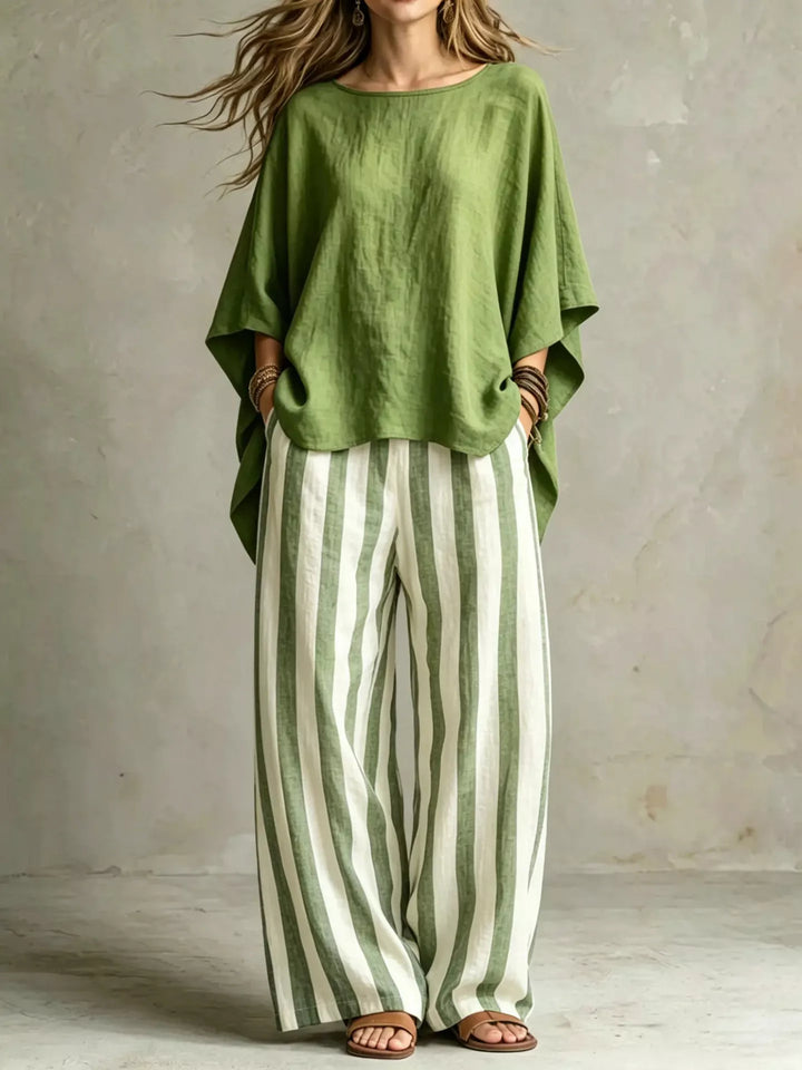 Women's olive batwing top and striped wide leg pants matching set, full length