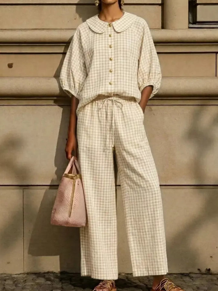 Matching set in beige gingham, Peter Pan collar top with relaxed pants