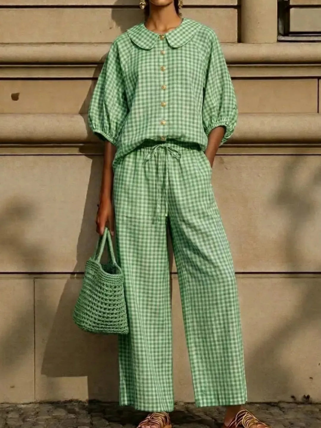 Peter Pan collar top and pants in green gingham, styled with a tote bag