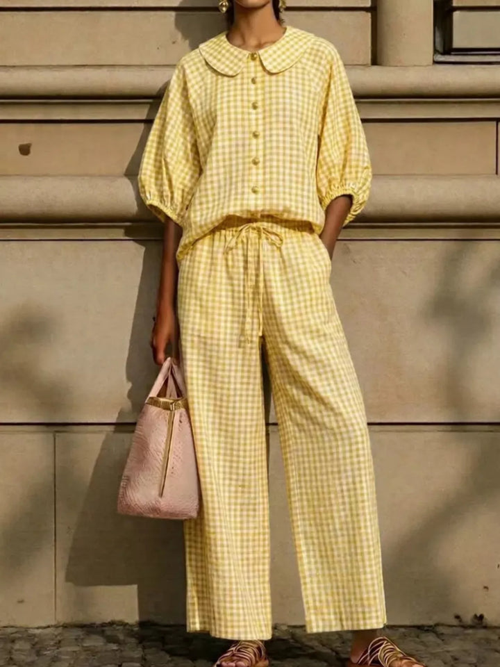 Two piece yellow gingham set with button front top and wide leg pants