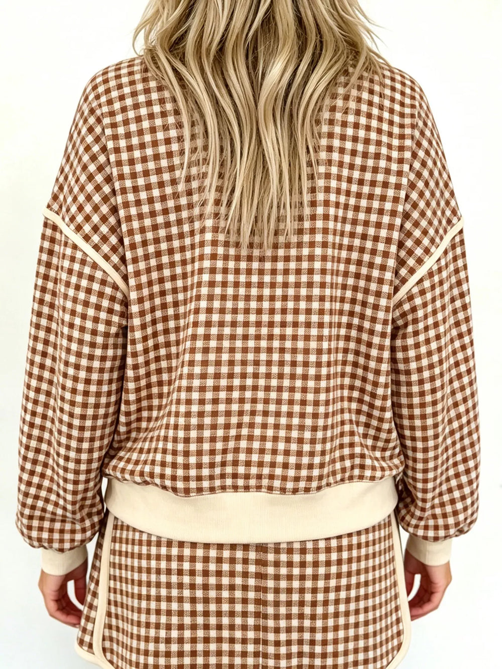 Back view of the brown gingham pullover and matching shorts