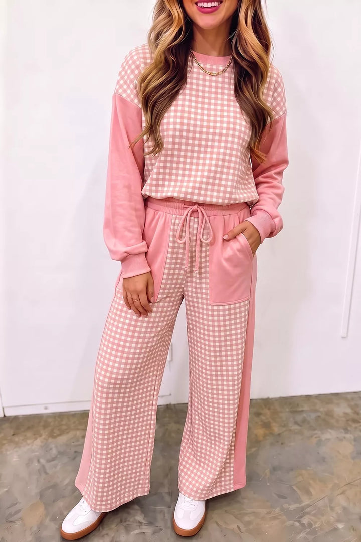Women's coral pink gingham matching set with sweatshirt and wide leg pants, front view
