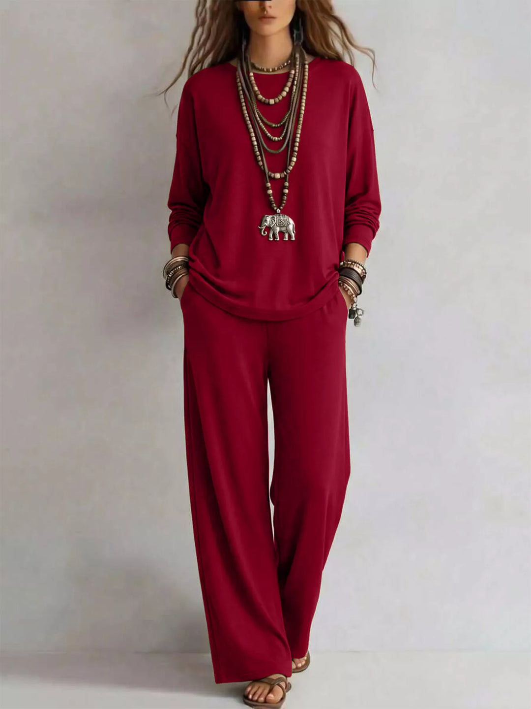 Burgundy matching set with long sleeve tee and wide leg pants