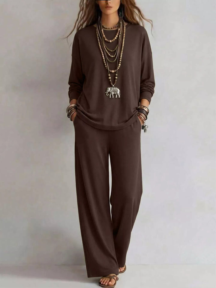Chocolate brown matching set with layered necklaces, front view